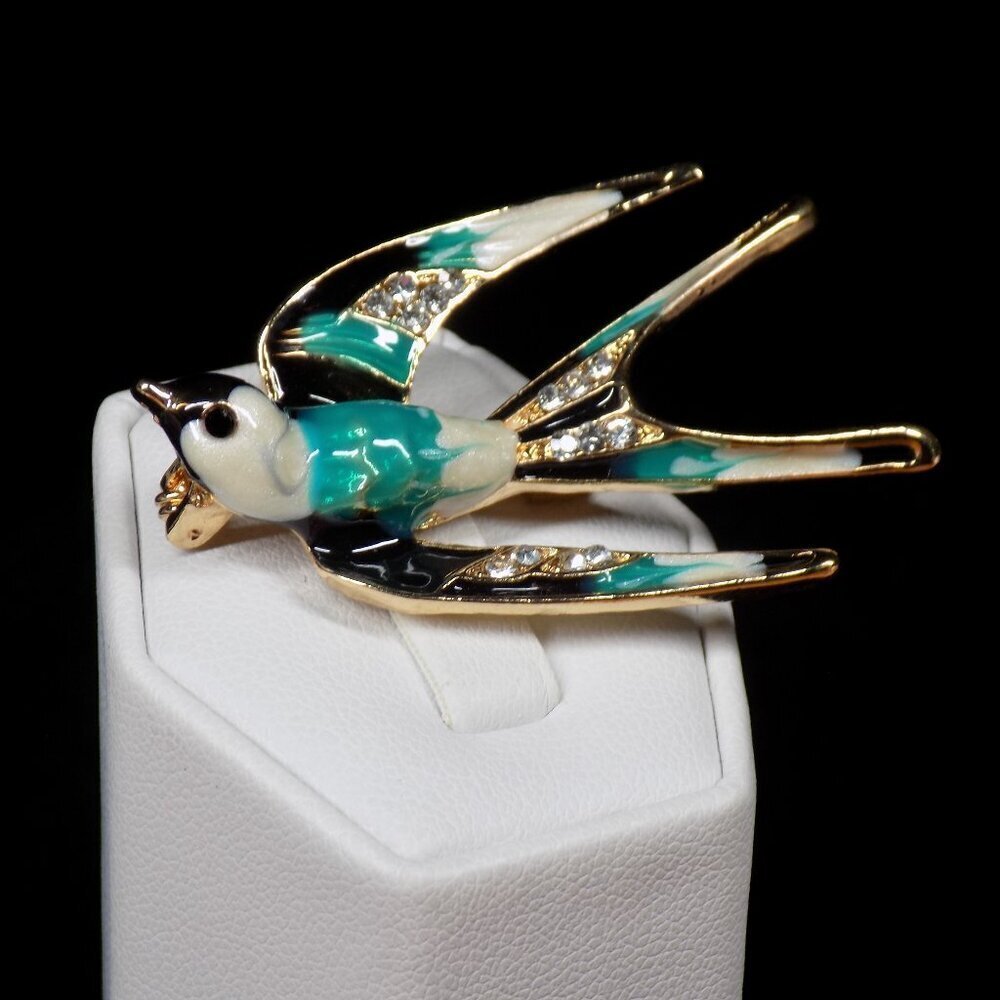 Vintage Swallow Bird Pin Brooch Enamel Clear Rhinestones Gold-tone Multicolor